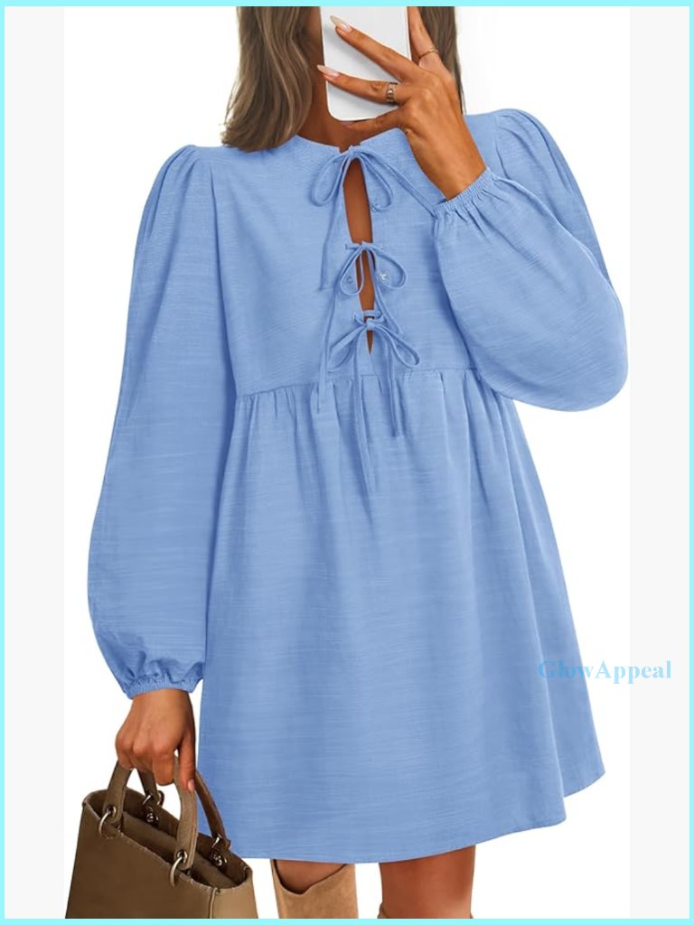 Long Puff Sleeve Tie Front Babydoll A-Line Mini Dress